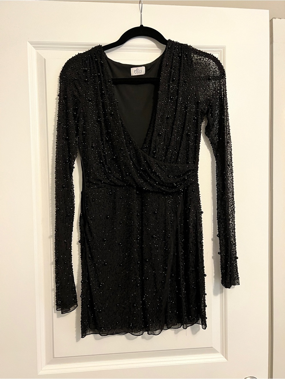 Oh Polly Black Beaded Long Sleeve V-Neck Dress